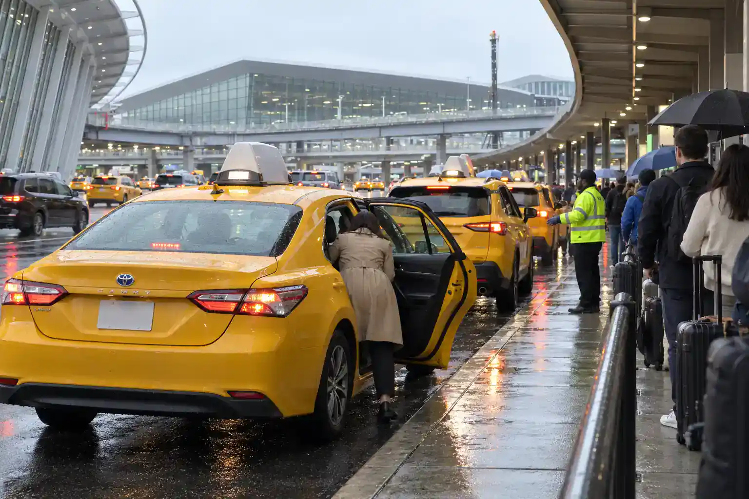 JFK to Times Square: How Far It Is, What It Costs and the Best Way There (2026) 3 Travelers waiting in the taxi line outside JFK Terminal 4 arrivals for a ride to Times Square