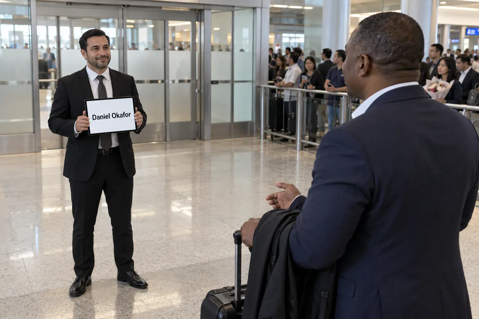 JFK to Times Square: How Far It Is, What It Costs and the Best Way There (2026) 4 Chauffeur holding an iPad name sign in the JFK Terminal 4 arrivals hall to meet a traveler going to Times Square