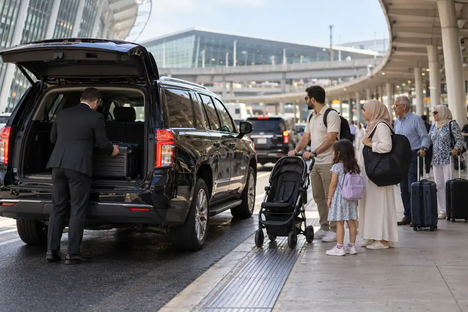 Family with a stroller and bags at JFK arrivals beside a black SUV car service