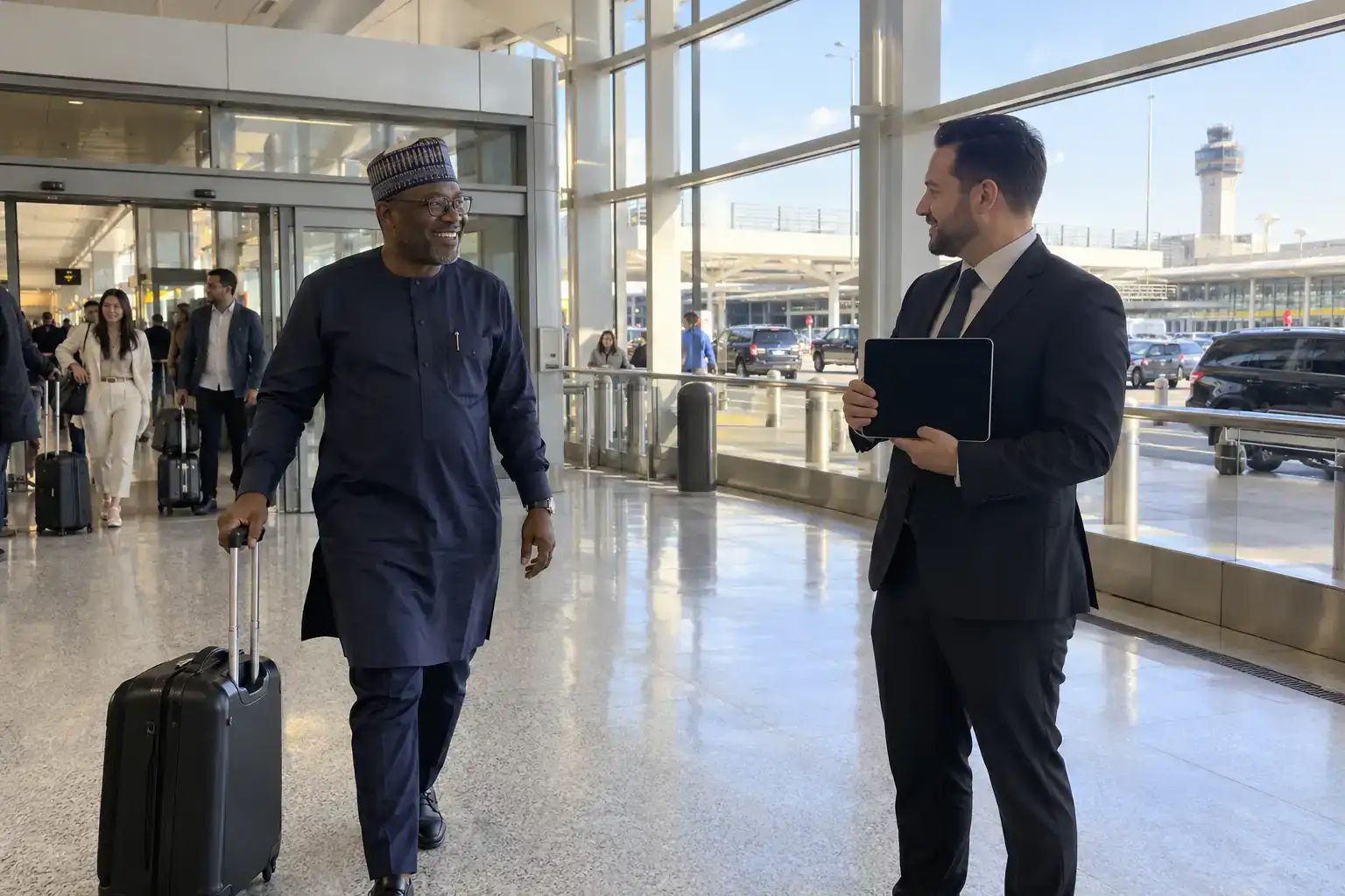 Chauffeur meeting an international traveler inside JFK Terminal 8 arrivals