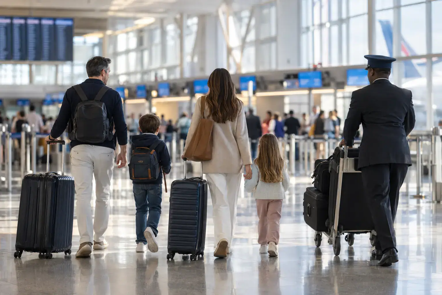 How to Get from Newark (EWR) to JFK in 2026: Every Option Compared 1 Family with luggage arriving at JFK check-in after a Newark to JFK connection