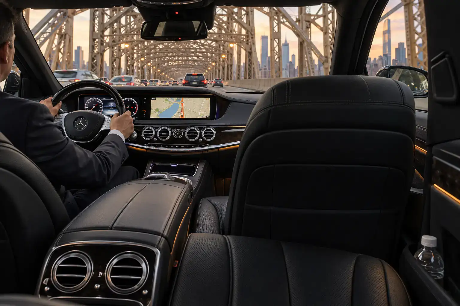 10 Things to Know Before Flying into JFK Airport (2026) 5 View from the back seat of a Mercedes S-Class crossing the Queensboro Bridge into Manhattan