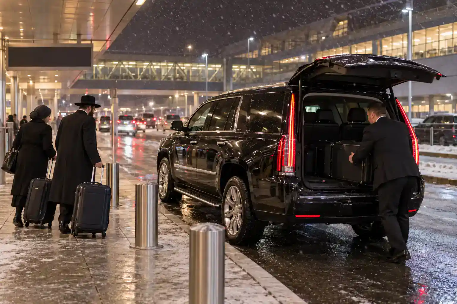 Couple arriving at JFK met by a chauffeur and black Cadillac Escalade for the ride to the Ohel
