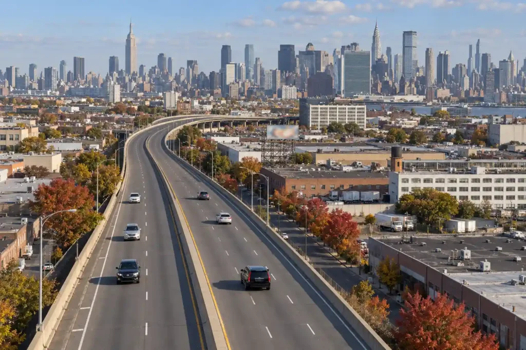 JFK Airport to Times Square drive on the Long Island Expressway toward the Midtown skyline