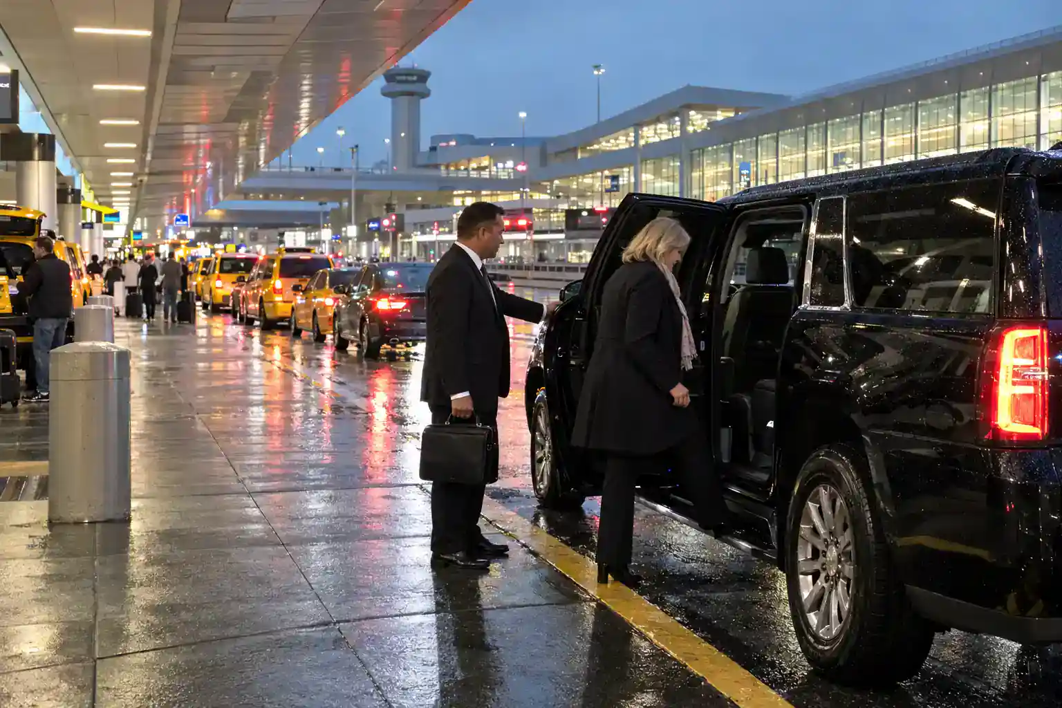 Taxi line next to a chauffeur pickup in a black GMC Yukon XL at LaGuardia Terminal B in the rain