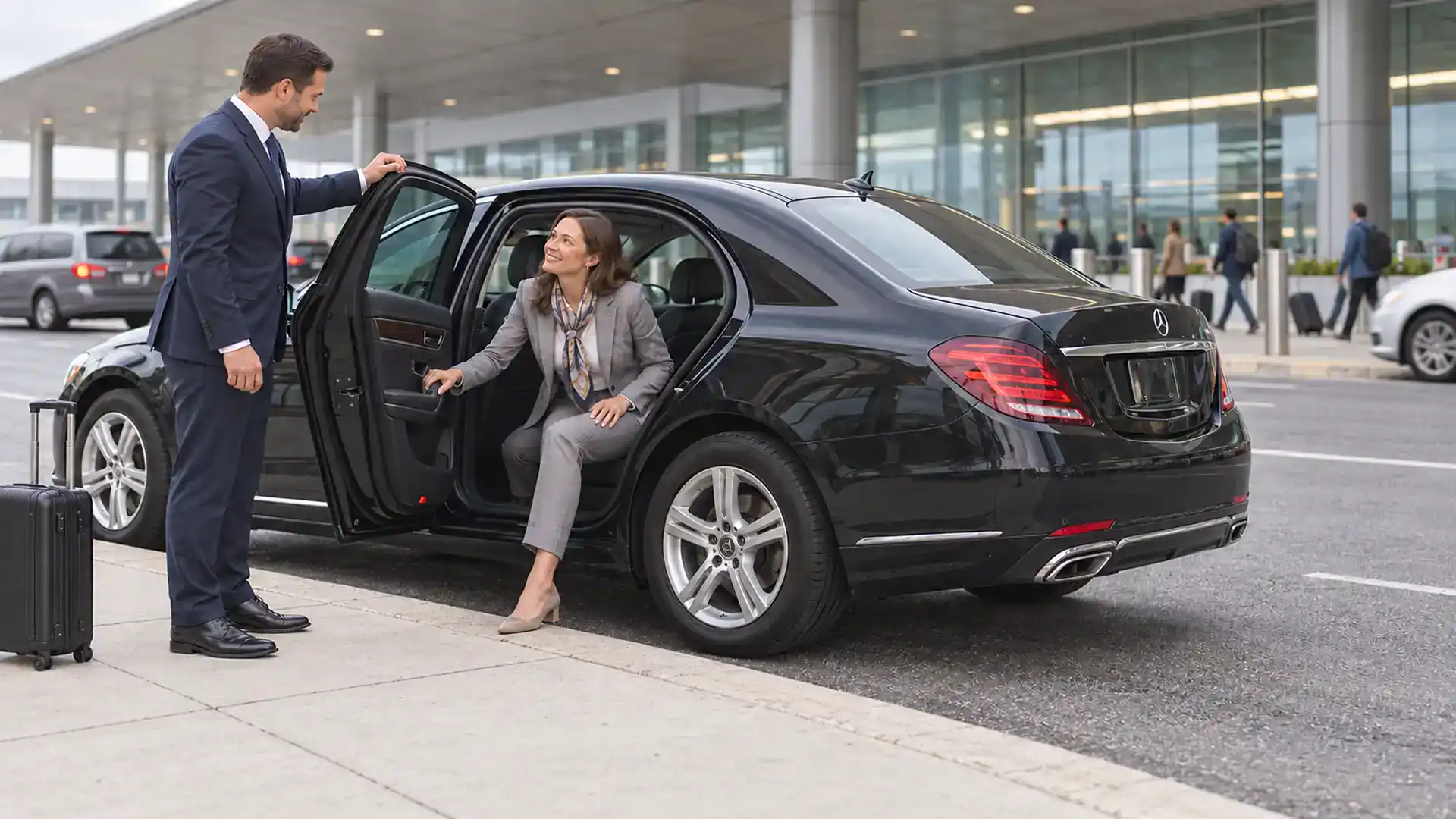 Chauffeur holding the car door for a client at the LaGuardia Airport curb