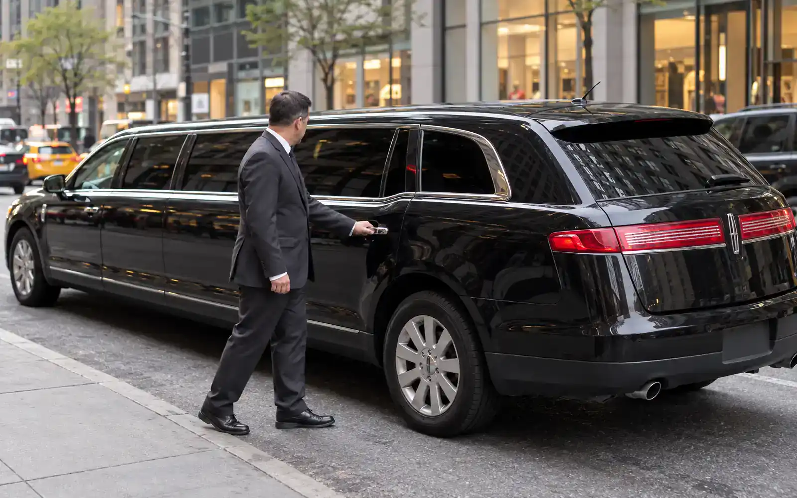 Chauffeur at the door of a black stretch limousine in Manhattan