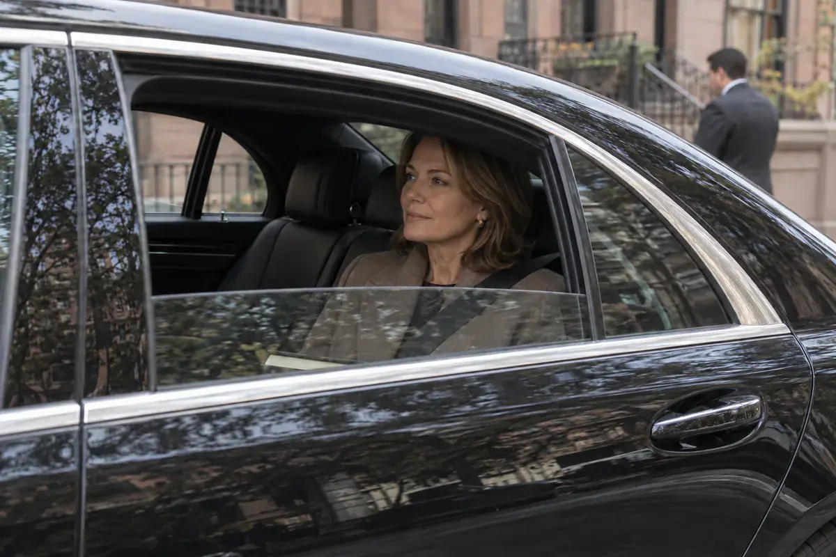 Private client resting in the back seat of a black luxury car during a ride through Manhattan