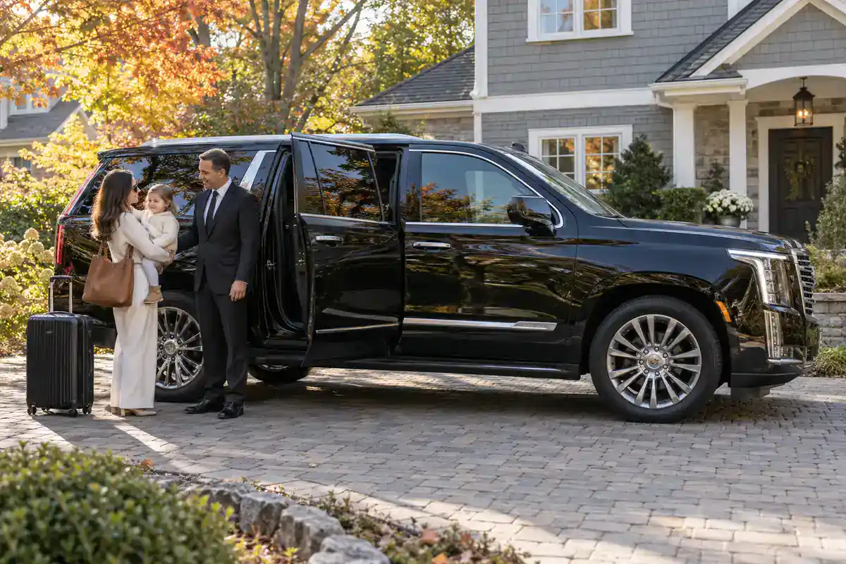 Chauffeur helping a parent with a toddler beside a black SUV in a Montclair driveway before a New Jersey airport trip