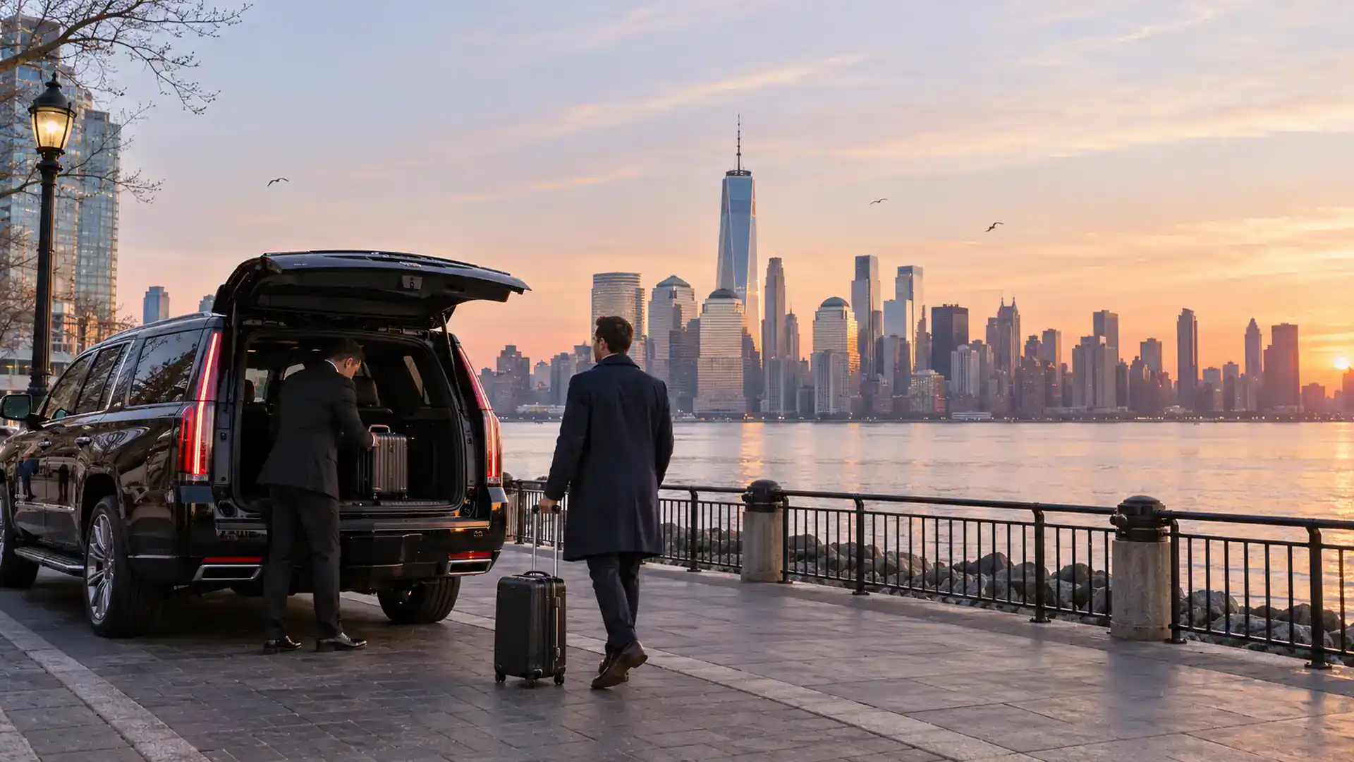 Chauffeur with a black SUV on the Jersey City waterfront