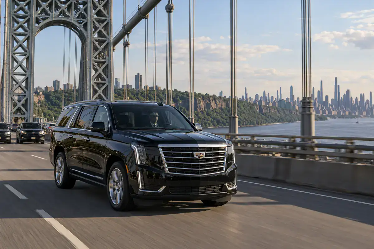 Black SUV crossing the George Washington Bridge from Fort Lee on a car service trip from New Jersey to LaGuardia