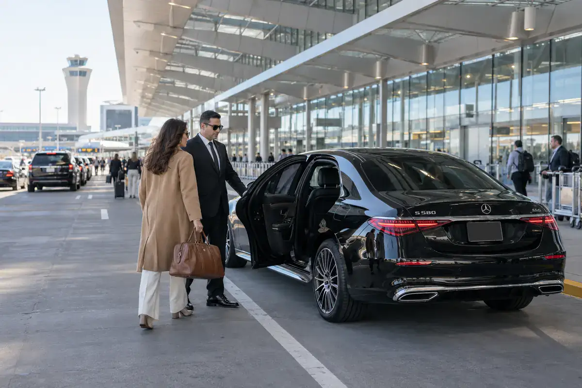 Chauffeur holding the door of a black sedan at Newark Airport Terminal A for a New Jersey car service passenger