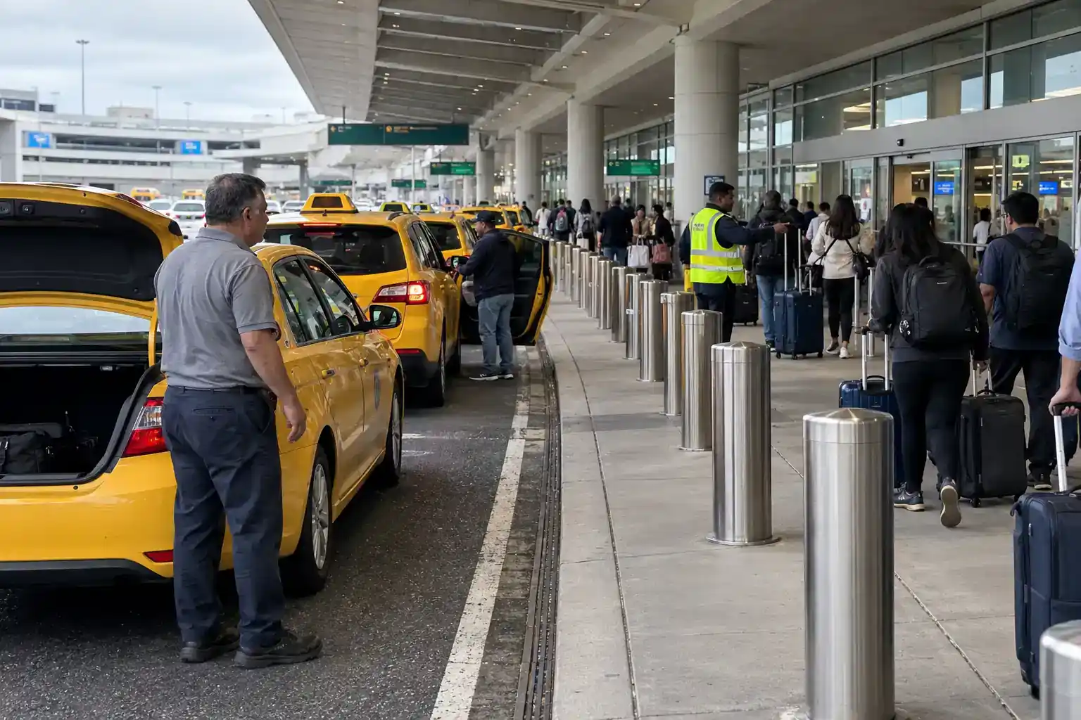 Travelers waiting at Newark Airport's taxi stand with casually dressed taxi drivers and an airport attendant