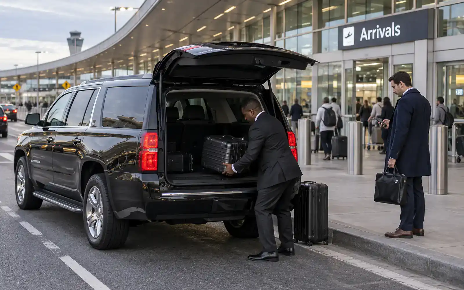 Chauffeur loading luggage into a black SUV at Newark Airport Terminal A