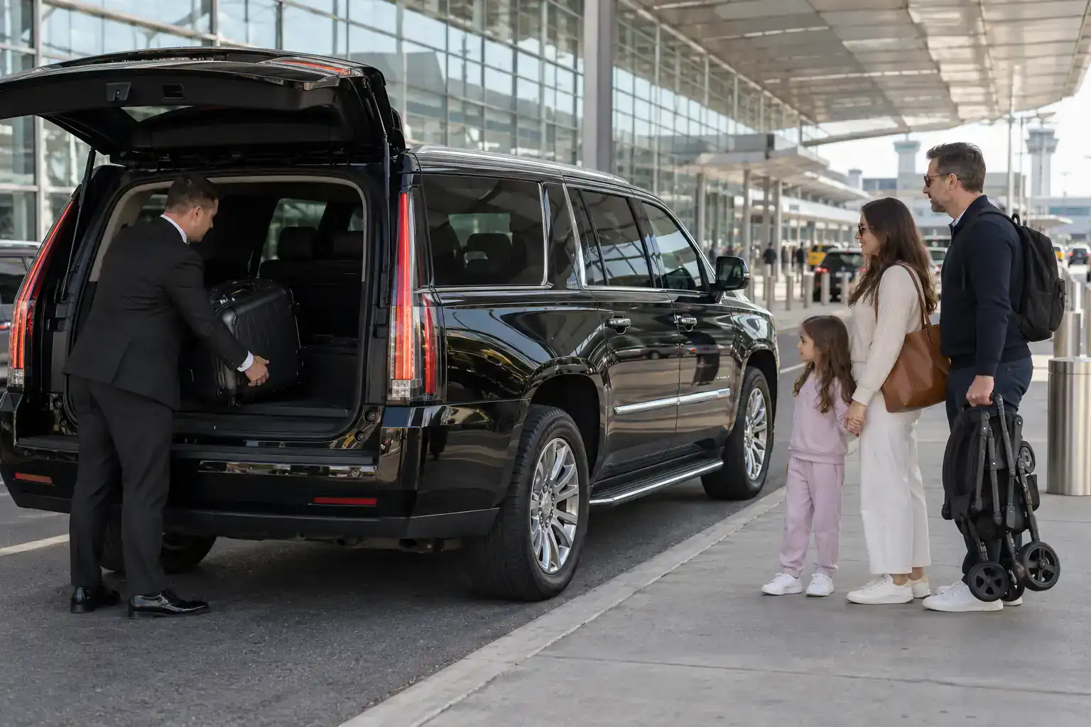 Chauffeur loading luggage into a black SUV with a child seat for a family at Newark Airport, before the ride to Times Square