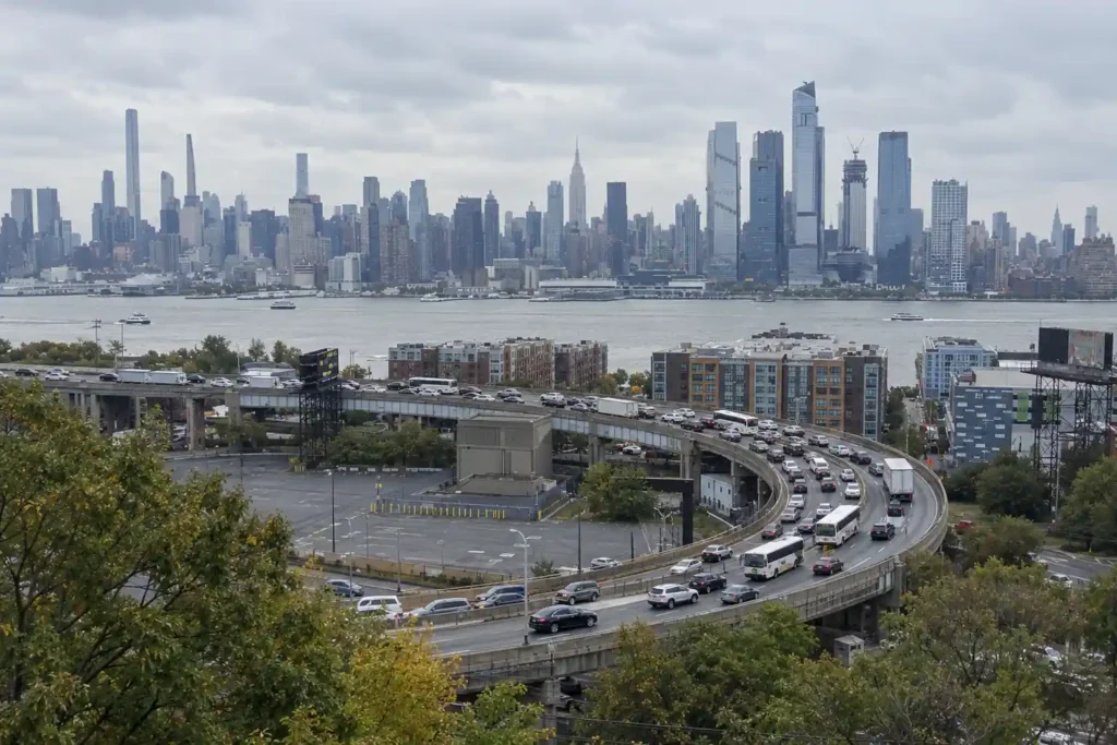 Lincoln Tunnel helix in Weehawken with the Midtown Manhattan skyline, on the Newark Airport to Times Square drive