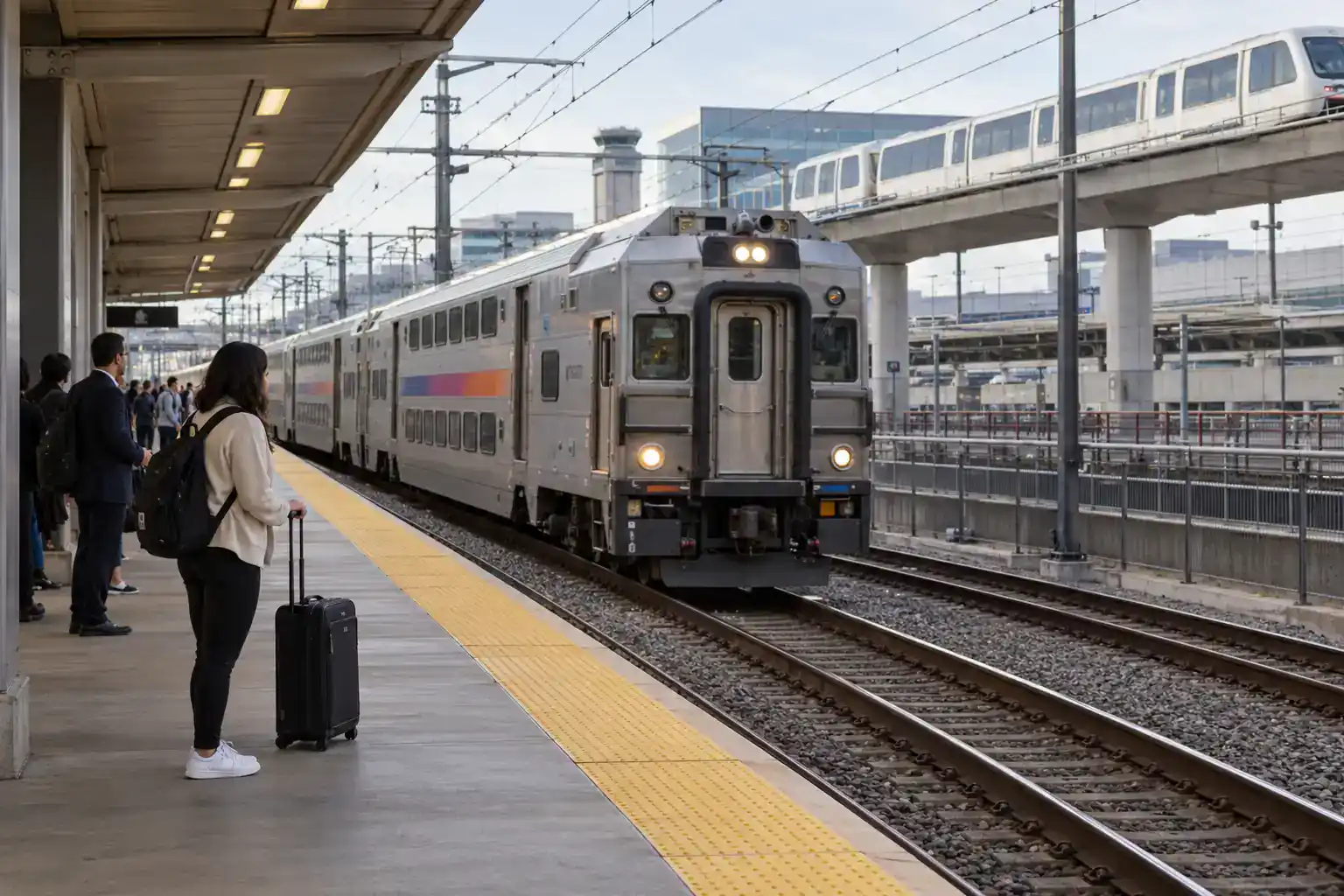 Traveler with a suitcase waiting for an NJ Transit train to New York Penn Station at the Newark Airport train station
