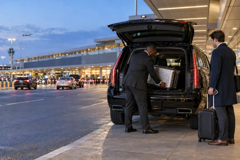 Chauffeur loading luggage into a black SUV at Newark Airport for a transfer to JFK