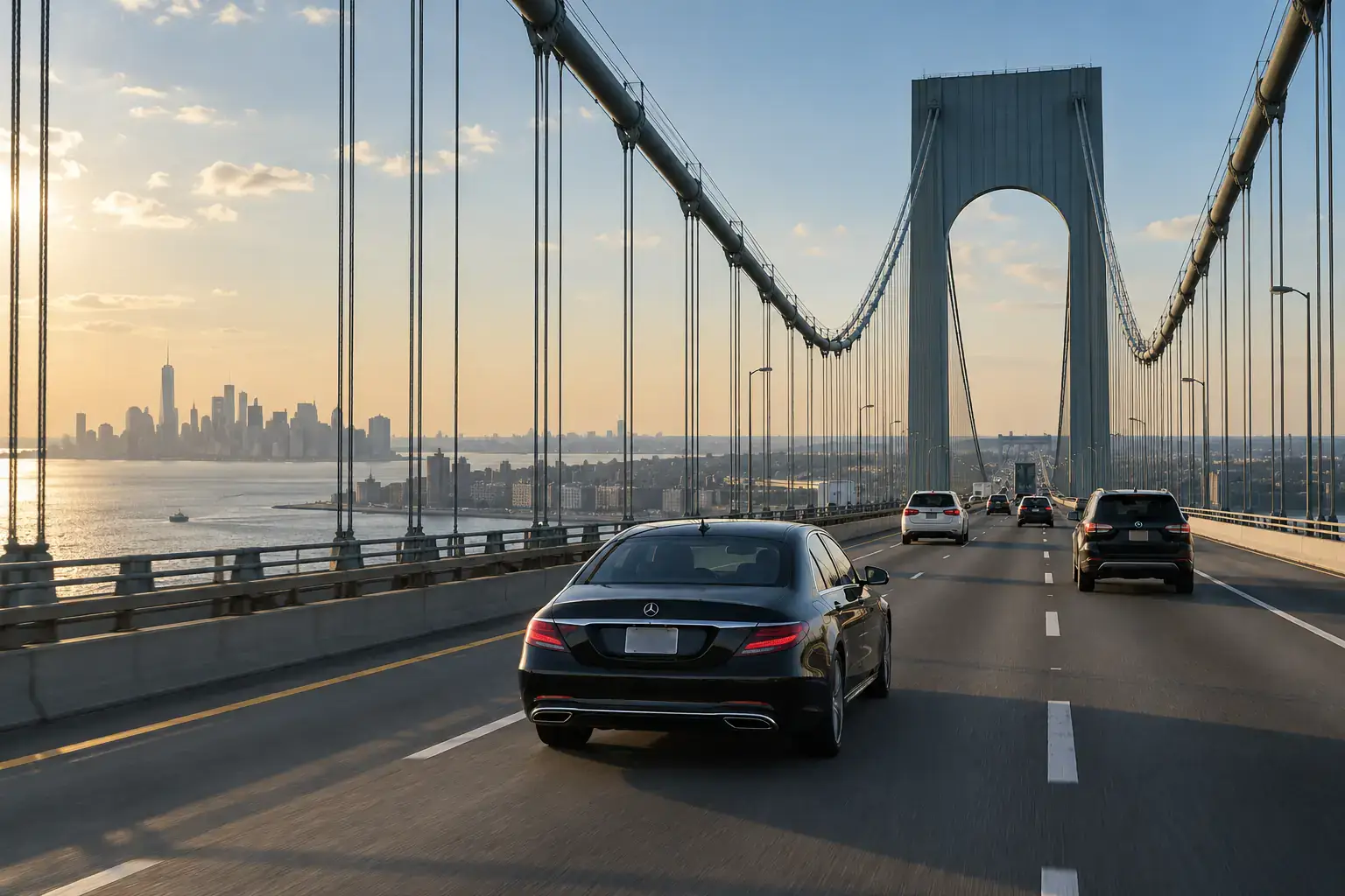 How to Get from Newark (EWR) to JFK in 2026: Every Option Compared 2 Black car service crossing the Verrazzano-Narrows Bridge on the Newark to JFK route