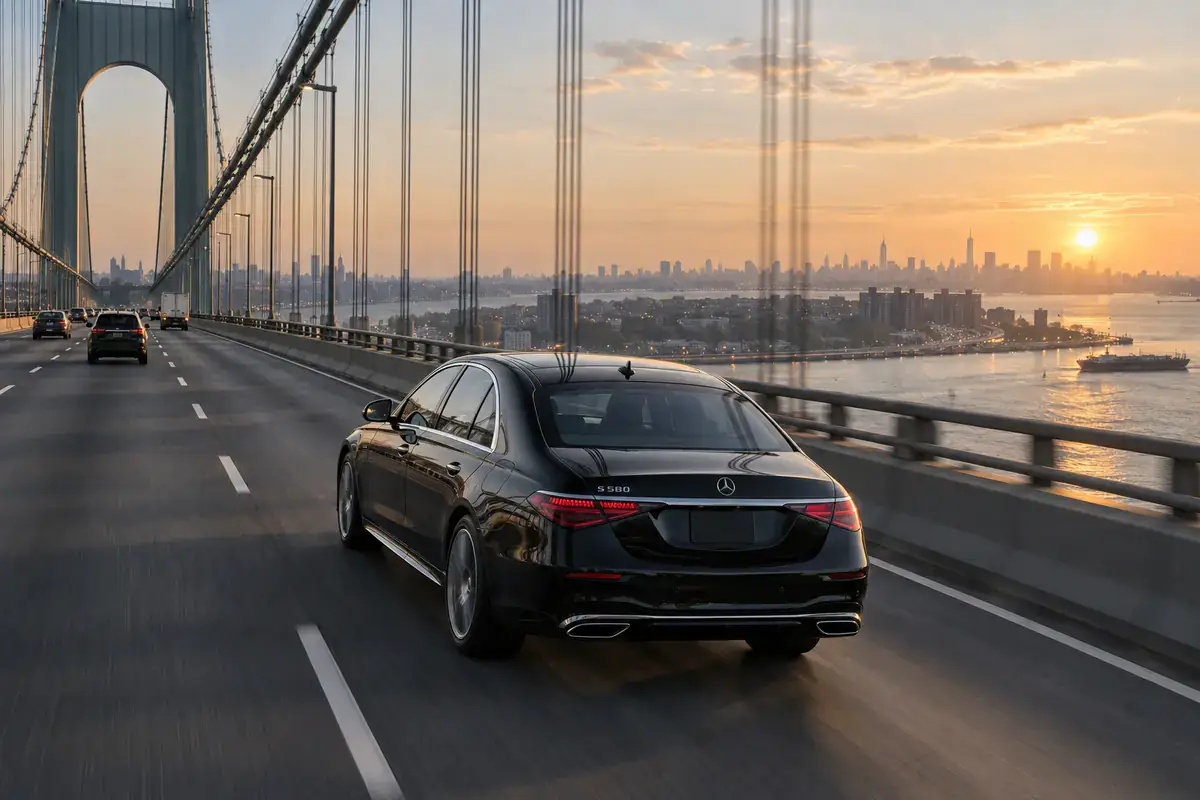 Black sedan crossing the Verrazzano-Narrows Bridge on an NJ to JFK car service trip