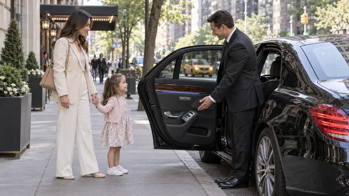 Chauffeur opening a black sedan door for a mother and daughter while a yellow taxi passes on a Manhattan street