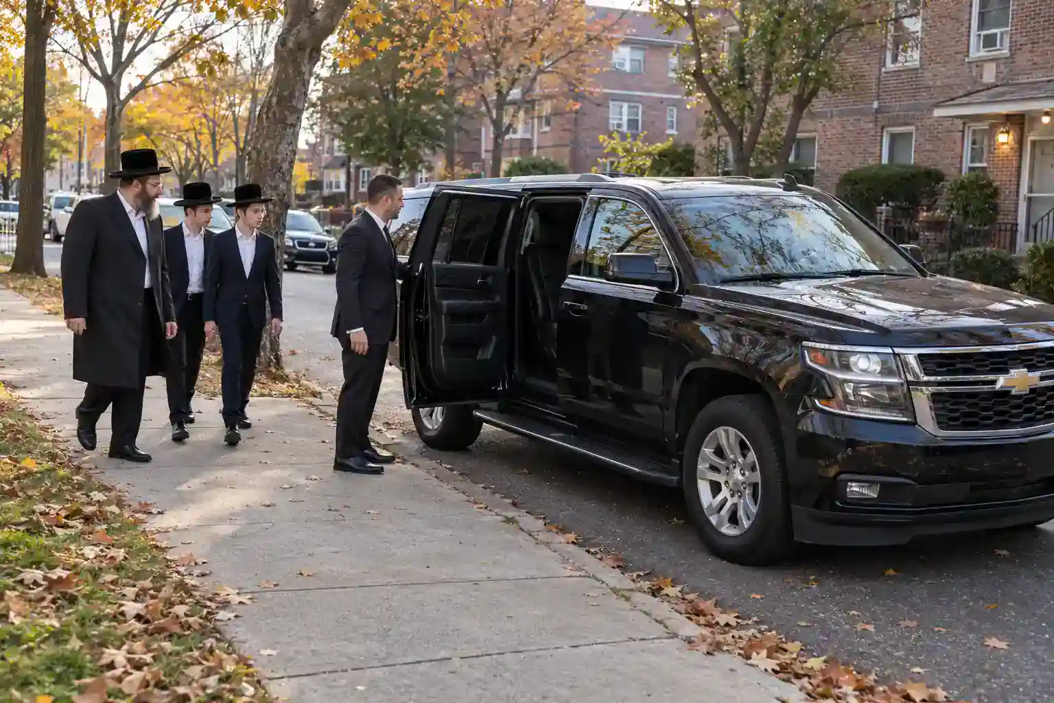 Chauffeur waiting with a black Chevrolet Suburban for visitors near the Ohel in Cambria Heights, Queens