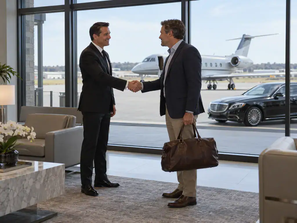 Chauffeur greeting a private jet passenger in the Republic Airport FBO lobby