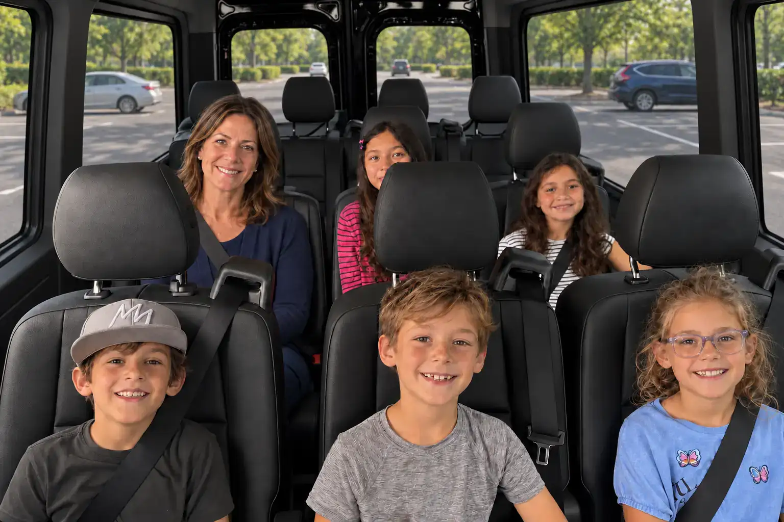 Mother and five kids buckled into the seats of a Sprinter van for a family car service ride
