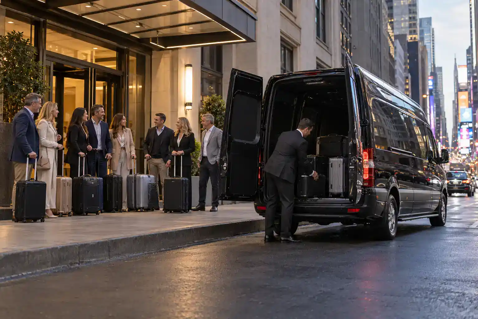 Group of travelers arriving from Newark Airport by black Sprinter van at a hotel near Times Square