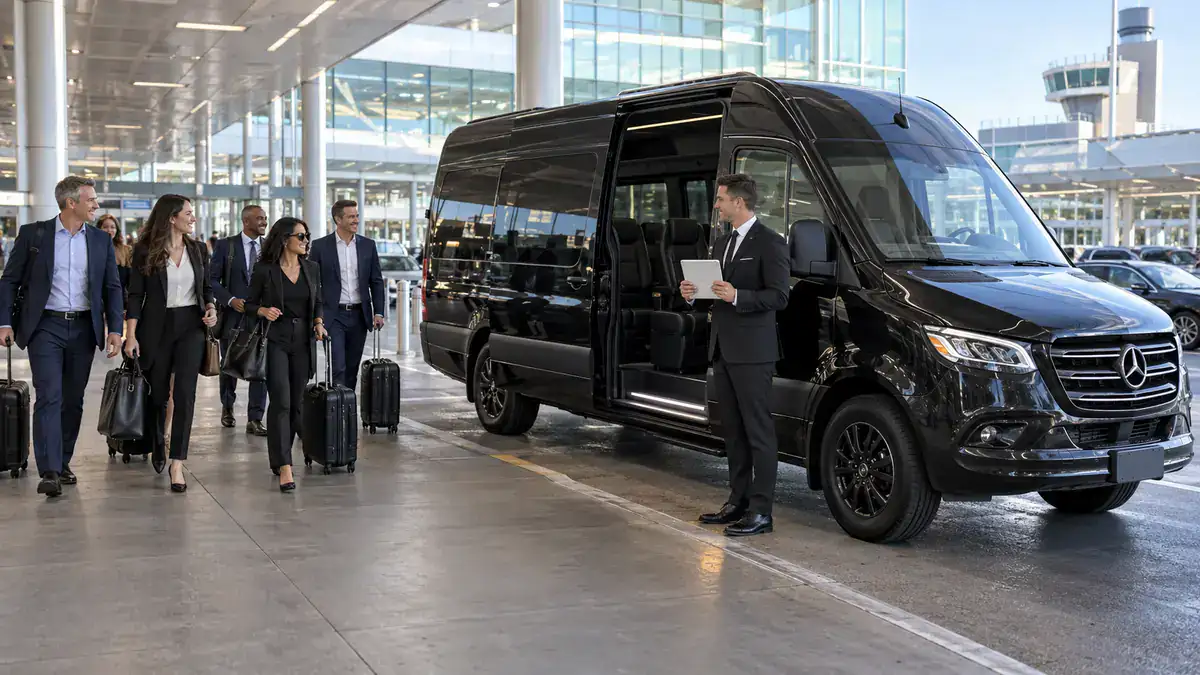 Chauffeur with a tablet meeting a business group beside a black Sprinter at the LaGuardia arrivals curb