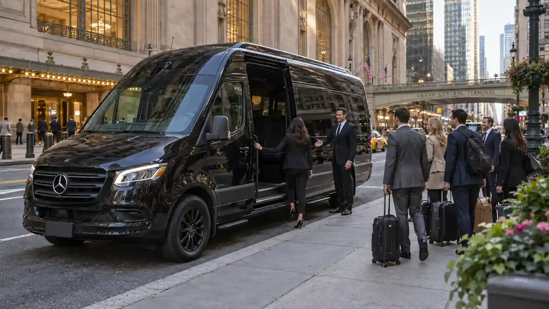 Group boarding a black Mercedes Sprinter van