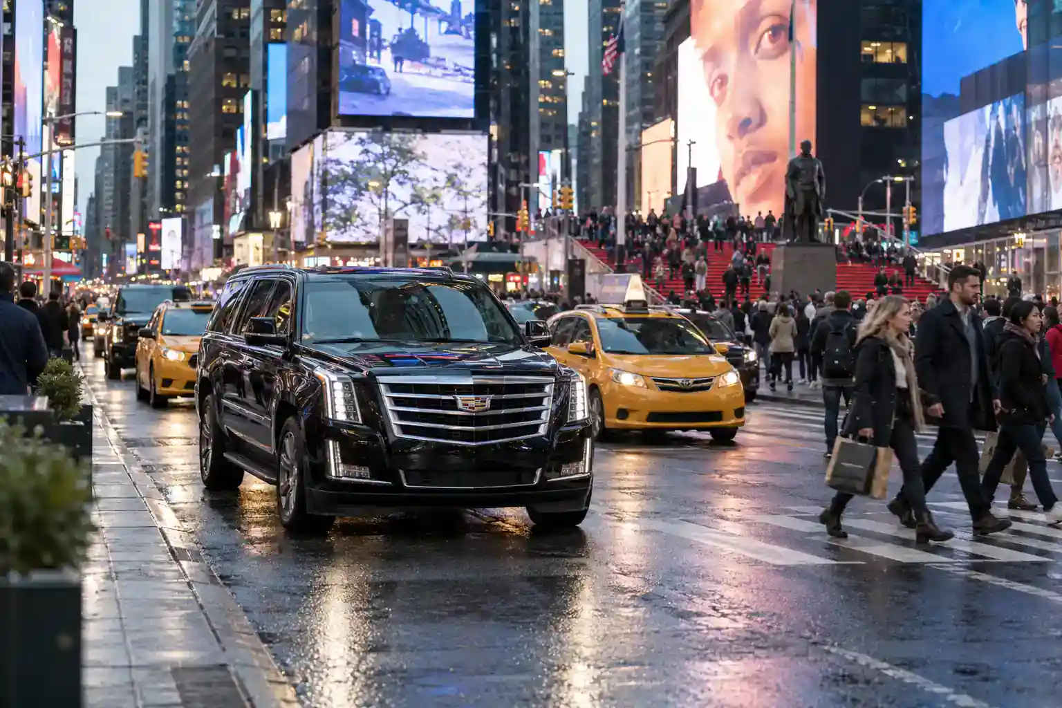 Evening traffic on Seventh Avenue in Times Square, the end point of the trip from Newark Airport