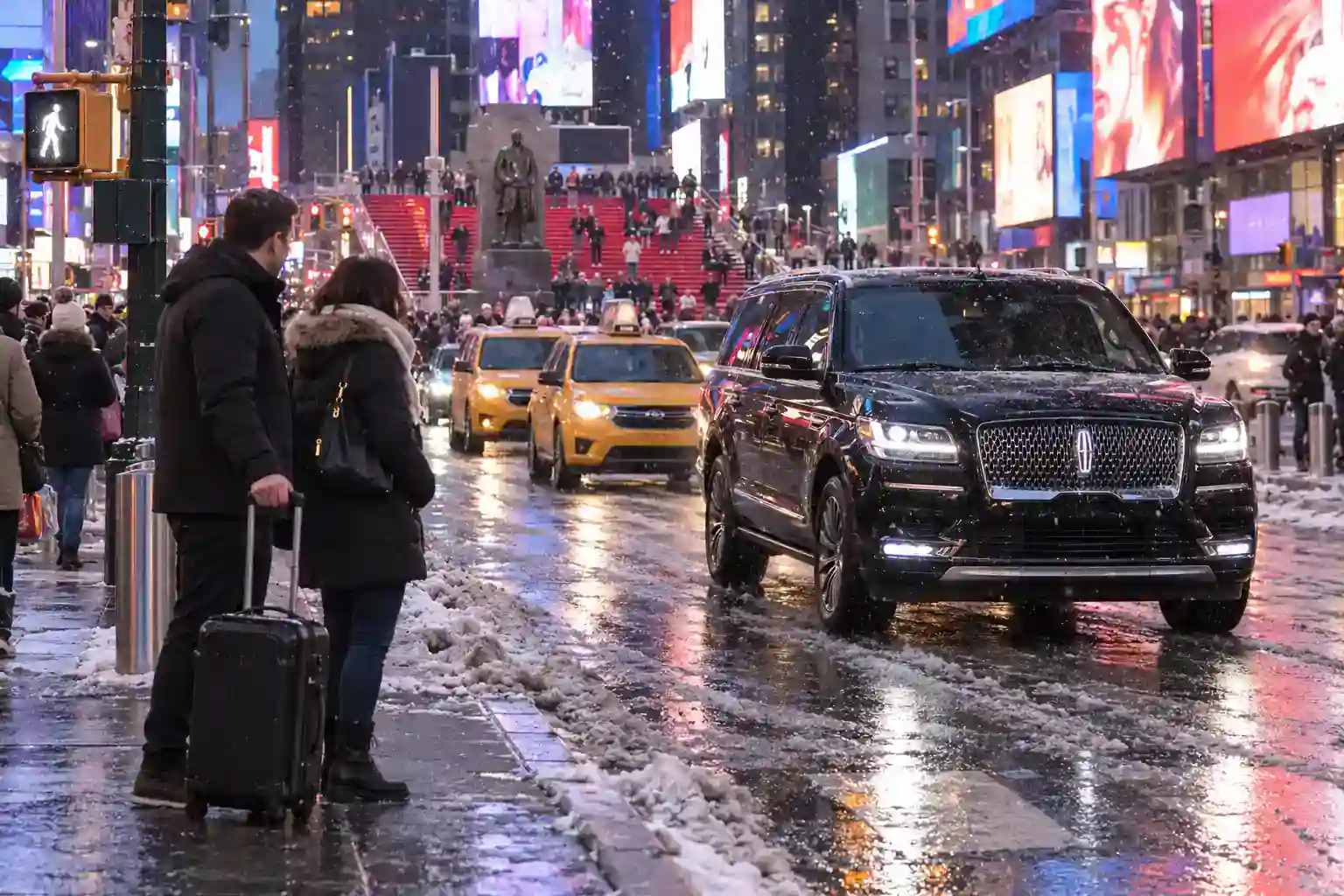 JFK to Times Square: How Far It Is, What It Costs and the Best Way There (2026) 1 Winter evening traffic on Seventh Avenue in Times Square, the end point of the trip from JFK Airport