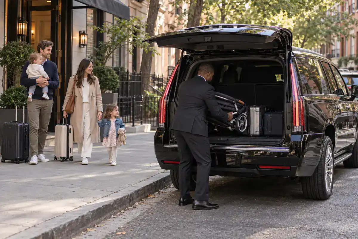 Chauffeur loading a stroller and luggage into a black SUV outside a Brooklyn hotel for a family car service with car seats