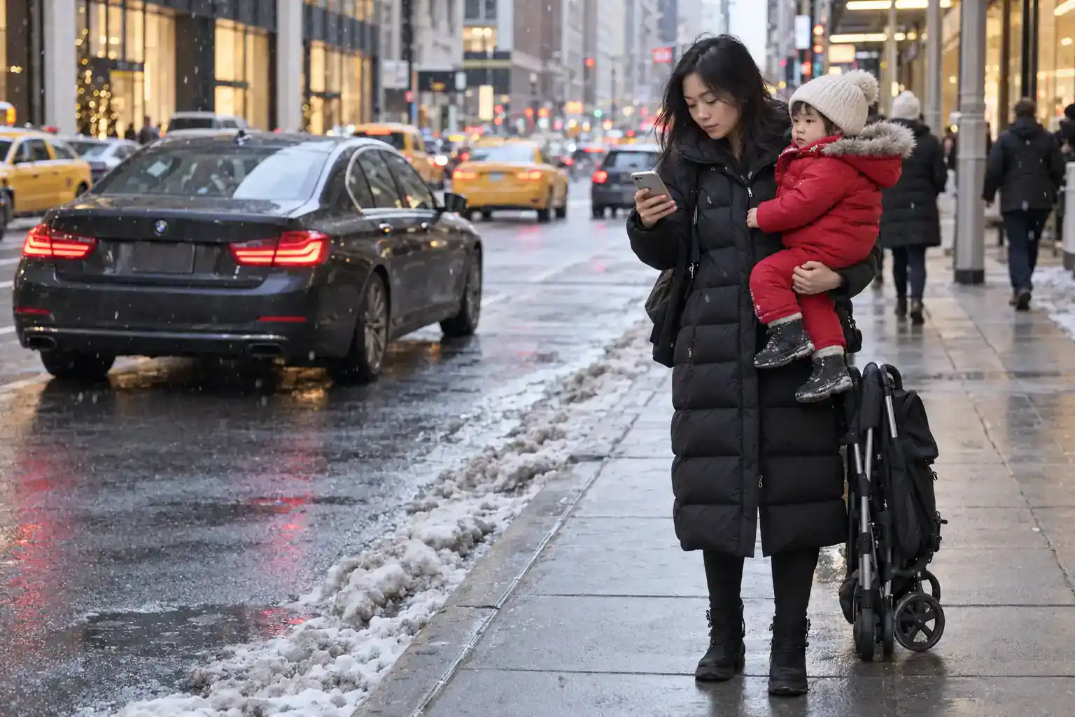 Mother holding a toddler at a Manhattan curb while checking a ride app, wondering if Uber has car seats